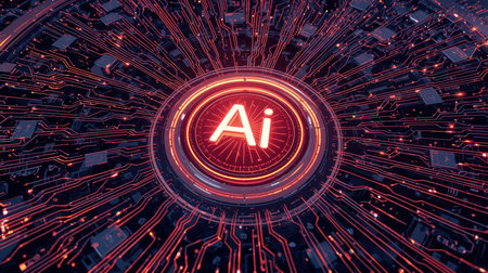 High-tech futuristic background featuring glowing digital elements, neon circuits, holographic particles, and a bold AI lettering in the center. Perfect for tech presentations, AI-の素材