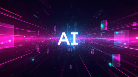 High-tech futuristic background featuring glowing digital elements, neon circuits, holographic particles, and a bold AI lettering in the center. Perfect for tech presentations, AI-の素材