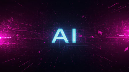 High-tech futuristic background featuring glowing digital elements, neon circuits, holographic particles, and a bold AI lettering in the center. Perfect for tech presentations, AI-の素材