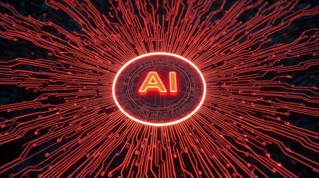 High-tech futuristic background featuring glowing digital elements, neon circuits, holographic particles, and a bold AI lettering in the center. Perfect for tech presentations, AI-の素材