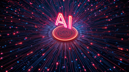 High-tech futuristic background featuring glowing digital elements, neon circuits, holographic particles, and a bold AI lettering in the center. Perfect for tech presentations, AI-の素材