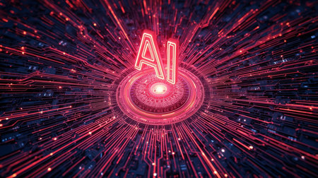 High-tech futuristic background featuring glowing digital elements, neon circuits, holographic particles, and a bold AI lettering in the center. Perfect for tech presentations, AI-の素材