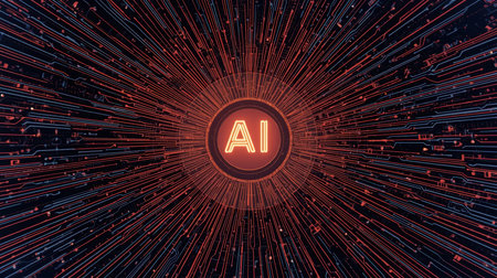 High-tech futuristic background featuring glowing digital elements, neon circuits, holographic particles, and a bold AI lettering in the center. Perfect for tech presentations, AI-の素材