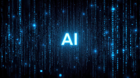 High-tech futuristic background featuring glowing digital elements, neon circuits, holographic particles, and a bold AI lettering in the center. Perfect for tech presentations, AI-の素材