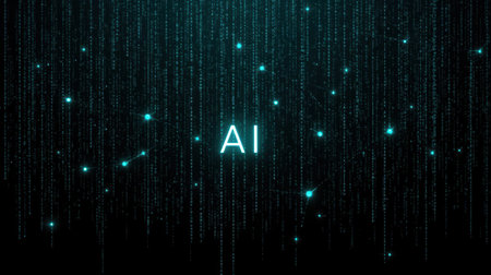 High-tech futuristic background featuring glowing digital elements, neon circuits, holographic particles, and a bold AI lettering in the center. Perfect for tech presentations, AI-の素材