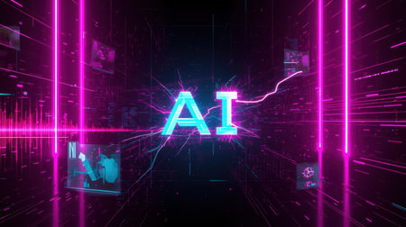 High-tech futuristic background featuring glowing digital elements, neon circuits, holographic particles, and a bold AI lettering in the center. Perfect for tech presentations, AI-の素材