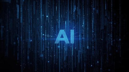 High-tech futuristic background featuring glowing digital elements, neon circuits, holographic particles, and a bold AI lettering in the center. Perfect for tech presentations, AI-の素材