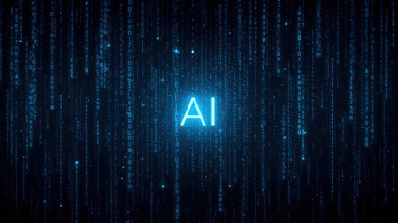 High-tech futuristic background featuring glowing digital elements, neon circuits, holographic particles, and a bold AI lettering in the center. Perfect for tech presentations, AI-の素材