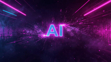 High-tech futuristic background featuring glowing digital elements, neon circuits, holographic particles, and a bold AI lettering in the center. Perfect for tech presentations, AI-の素材