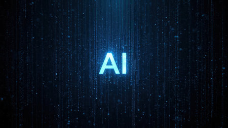 High-tech futuristic background featuring glowing digital elements, neon circuits, holographic particles, and a bold AI lettering in the center. Perfect for tech presentations, AI-の素材