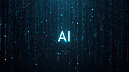 High-tech futuristic background featuring glowing digital elements, neon circuits, holographic particles, and a bold AI lettering in the center. Perfect for tech presentations, AI-の素材