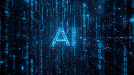 High-tech futuristic background featuring glowing digital elements, neon circuits, holographic particles, and a bold AI lettering in the center. Perfect for tech presentations, AI-の素材