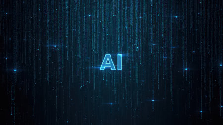 High-tech futuristic background featuring glowing digital elements, neon circuits, holographic particles, and a bold AI lettering in the center. Perfect for tech presentations, AI-の素材