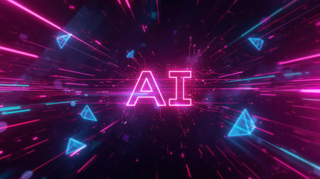High-tech futuristic background featuring glowing digital elements, neon circuits, holographic particles, and a bold AI lettering in the center. Perfect for tech presentations, AI-の素材