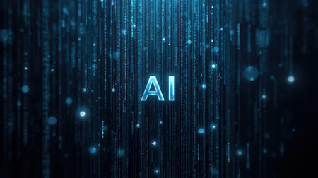 High-tech futuristic background featuring glowing digital elements, neon circuits, holographic particles, and a bold AI lettering in the center. Perfect for tech presentations, AI-の素材
