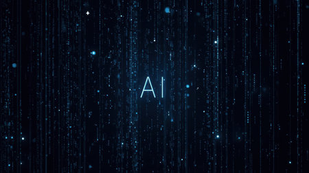 High-tech futuristic background featuring glowing digital elements, neon circuits, holographic particles, and a bold AI lettering in the center. Perfect for tech presentations, AI-の素材