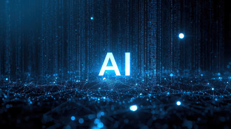 High-tech futuristic background featuring glowing digital elements, neon circuits, holographic particles, and a bold AI lettering in the center. Perfect for tech presentations, AI-の素材