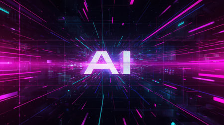 High-tech futuristic background featuring glowing digital elements, neon circuits, holographic particles, and a bold AI lettering in the center. Perfect for tech presentations, AI-の素材
