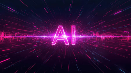 High-tech futuristic background featuring glowing digital elements, neon circuits, holographic particles, and a bold AI lettering in the center. Perfect for tech presentations, AI-の素材