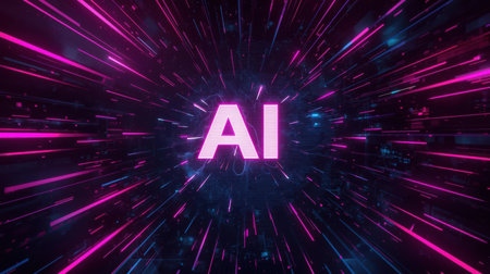 High-tech futuristic background featuring glowing digital elements, neon circuits, holographic particles, and a bold AI lettering in the center. Perfect for tech presentations, AI-の素材