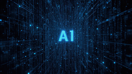 High-tech futuristic background featuring glowing digital elements, neon circuits, holographic particles, and a bold AI lettering in the center. Perfect for tech presentations, AI-の素材