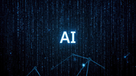 High-tech futuristic background featuring glowing digital elements, neon circuits, holographic particles, and a bold AI lettering in the center. Perfect for tech presentations, AI-の素材
