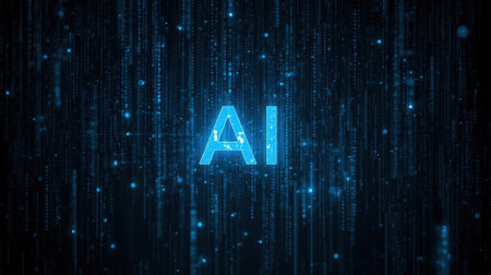High-tech futuristic background featuring glowing digital elements, neon circuits, holographic particles, and a bold AI lettering in the center. Perfect for tech presentations, AI-の素材