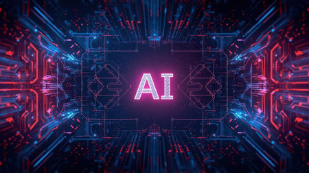 High-tech futuristic background featuring glowing digital elements, neon circuits, holographic particles, and a bold AI lettering in the center. Perfect for tech presentations, AI-の素材