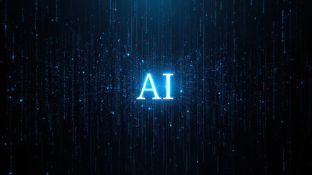 High-tech futuristic background featuring glowing digital elements, neon circuits, holographic particles, and a bold AI lettering in the center. Perfect for tech presentations, AI-の素材