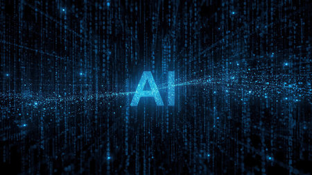 High-tech futuristic background featuring glowing digital elements, neon circuits, holographic particles, and a bold AI lettering in the center. Perfect for tech presentations, AI-の素材