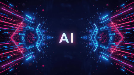 High-tech futuristic background featuring glowing digital elements, neon circuits, holographic particles, and a bold AI lettering in the center. Perfect for tech presentations, AI-の素材