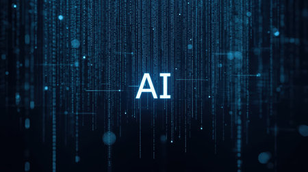 High-tech futuristic background featuring glowing digital elements, neon circuits, holographic particles, and a bold AI lettering in the center. Perfect for tech presentations, AI-の素材
