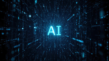High-tech futuristic background featuring glowing digital elements, neon circuits, holographic particles, and a bold AI lettering in the center. Perfect for tech presentations, AI-の素材