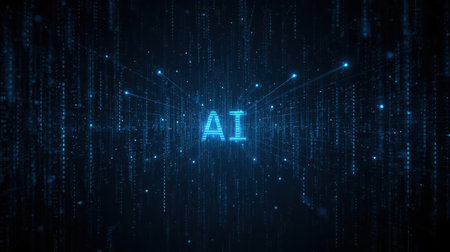 High-tech futuristic background featuring glowing digital elements, neon circuits, holographic particles, and a bold AI lettering in the center. Perfect for tech presentations, AI-の素材