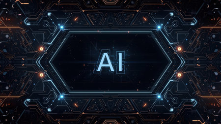 High-tech futuristic background featuring glowing digital elements, neon circuits, holographic particles, and a bold AI lettering in the center. Perfect for tech presentations, AI-の素材