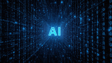 High-tech futuristic background featuring glowing digital elements, neon circuits, holographic particles, and a bold AI lettering in the center. Perfect for tech presentations, AI-の素材