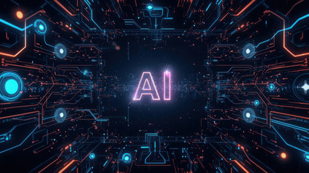 High-tech futuristic background featuring glowing digital elements, neon circuits, holographic particles, and a bold AI lettering in the center. Perfect for tech presentations, AI-の素材
