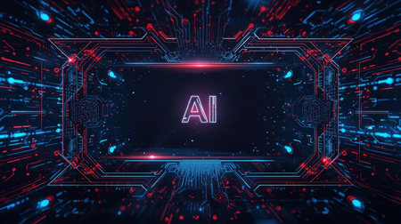 High-tech futuristic background featuring glowing digital elements, neon circuits, holographic particles, and a bold AI lettering in the center. Perfect for tech presentations, AI-の素材