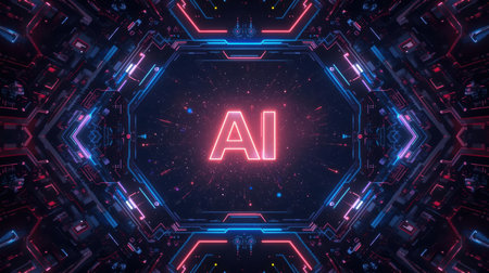 High-tech futuristic background featuring glowing digital elements, neon circuits, holographic particles, and a bold AI lettering in the center. Perfect for tech presentations, AI-の素材