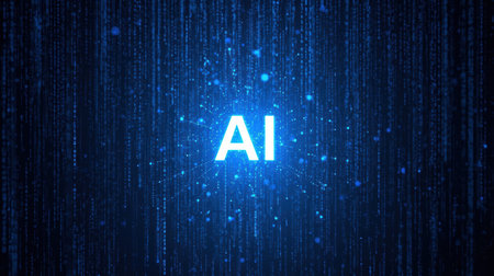 High-tech futuristic background featuring glowing digital elements, neon circuits, holographic particles, and a bold AI lettering in the center. Perfect for tech presentations, AI-の素材