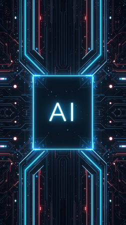 High-tech futuristic background featuring glowing digital elements, neon circuits, holographic particles, and a bold AI lettering in the center. Perfect for tech presentations, AI-の素材