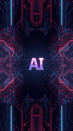 High-tech futuristic background featuring glowing digital elements, neon circuits, holographic particles, and a bold AI lettering in the center. Perfect for tech presentations, AI-の素材