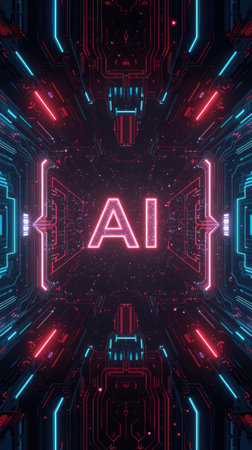 High-tech futuristic background featuring glowing digital elements, neon circuits, holographic particles, and a bold AI lettering in the center. Perfect for tech presentations, AI-の素材