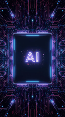High-tech futuristic background featuring glowing digital elements, neon circuits, holographic particles, and a bold AI lettering in the center. Perfect for tech presentations, AI-の素材