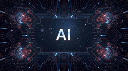 High-tech futuristic background featuring glowing digital elements, neon circuits, holographic particles, and a bold AI lettering in the center. Perfect for tech presentations, AI-の素材