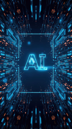 High-tech futuristic background featuring glowing digital elements, neon circuits, holographic particles, and a bold AI lettering in the center. Perfect for tech presentations, AI-の素材