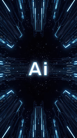 High-tech futuristic background featuring glowing digital elements, neon circuits, holographic particles, and a bold AI lettering in the center. Perfect for tech presentations, AI-の素材