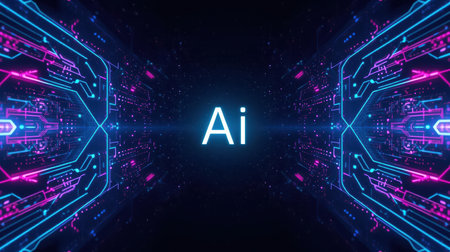 High-tech futuristic background featuring glowing digital elements, neon circuits, holographic particles, and a bold AI lettering in the center. Perfect for tech presentations, AI-の素材