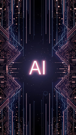 High-tech futuristic background featuring glowing digital elements, neon circuits, holographic particles, and a bold AI lettering in the center. Perfect for tech presentations, AI-の素材
