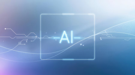 High-tech futuristic background featuring glowing digital elements, neon circuits, holographic particles, and a bold AI lettering in the center. Perfect for tech presentations, AI-の素材